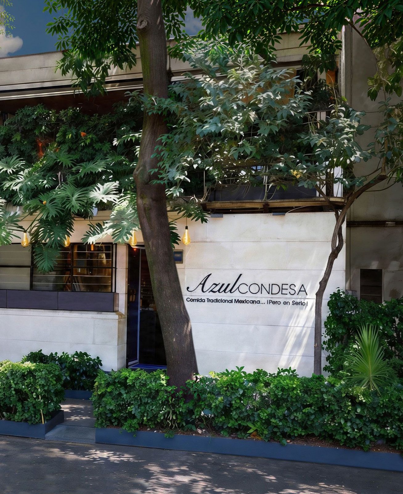 The entrance of Azul Condesa behind trees and planters